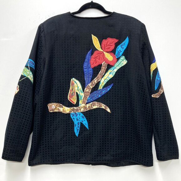 Allure Black Jacket, Size Large, Embroidered Applique Tropical Birds‎ Flowers - Picture 9 of 14
